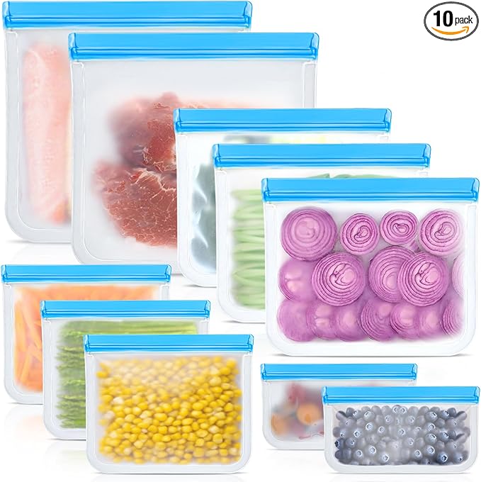 Reusable Silicone Food Storage Bags, 10 Pack 4 Size Leak proof Dishwasher Safe by Unknown