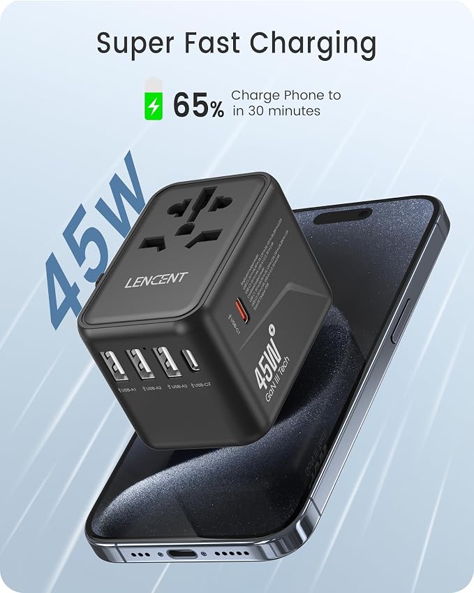 LENCENT Universal Travel Adapter, GaN III 45W International Charger - Image 3
