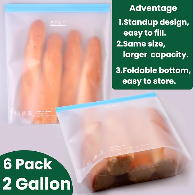 SPLF 6 Pack Stand-Up Reusable 2 Gallon Freezer Bags Dishwasher Safe, Reusable - Image 3
