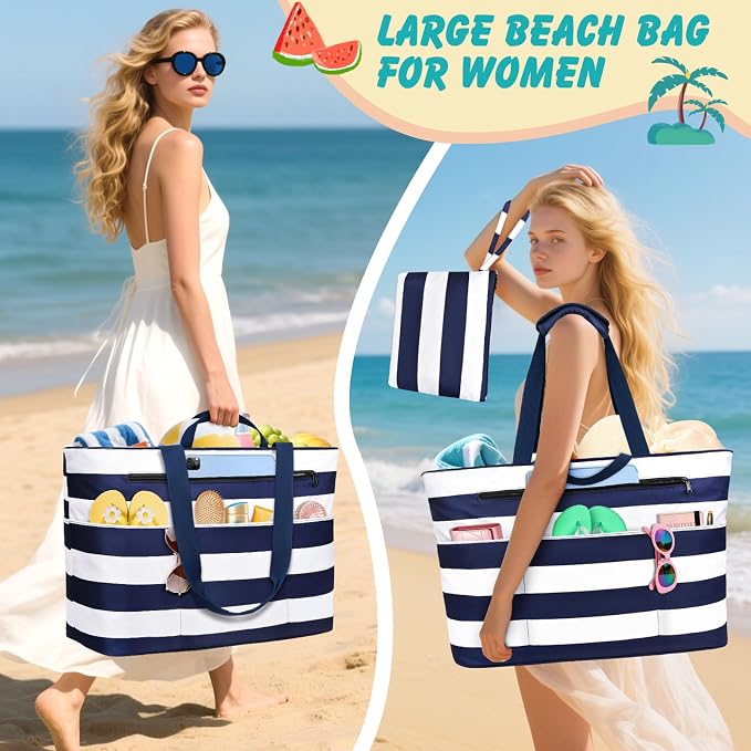 Extra Large Beach Bags for Women, Waterproof Sandproof Beach Tote Bag Zipper - Image 2