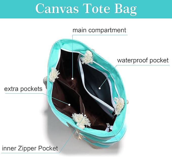 YOOLIFE Initial Canvas Waterproof Beach Tote Bag Zipper Personalized Gifts - Image 4