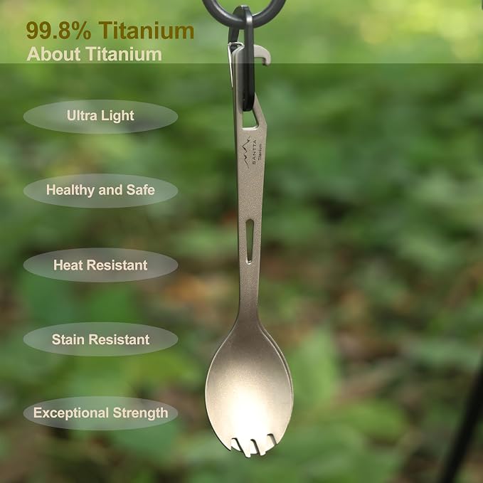 SANTTA Titanium Camping Spork Set of 2 Piece, Spoon Fork and Bottle Opener 3 in - Image 2