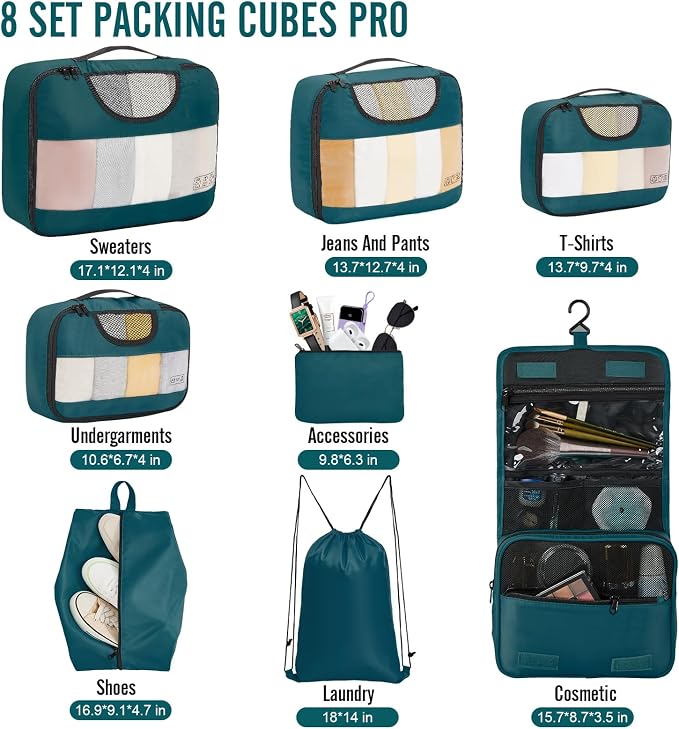 Veken 8 Set Packing Cubes for Travel Essentials, Suitcase Organizer Bags in 4 - Image 2