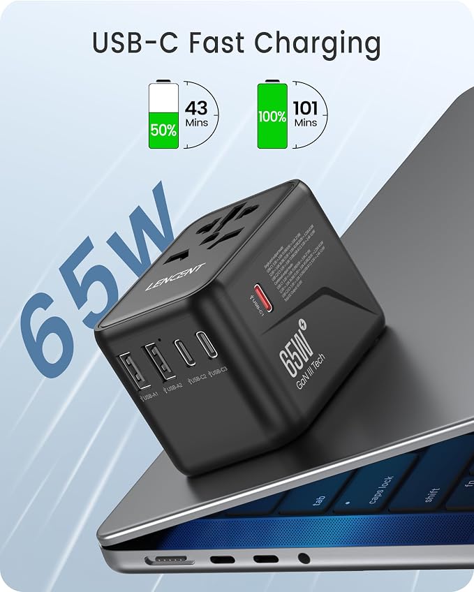 LENCENT Universal Travel Adapter, GaN III 65W International Charger - Image 3