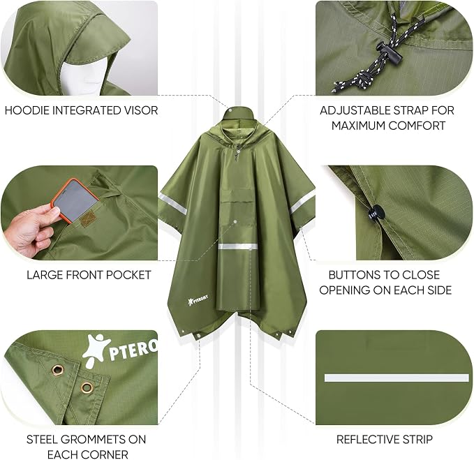 PTEROMY Hooded Rain Poncho for Adult - Image 6