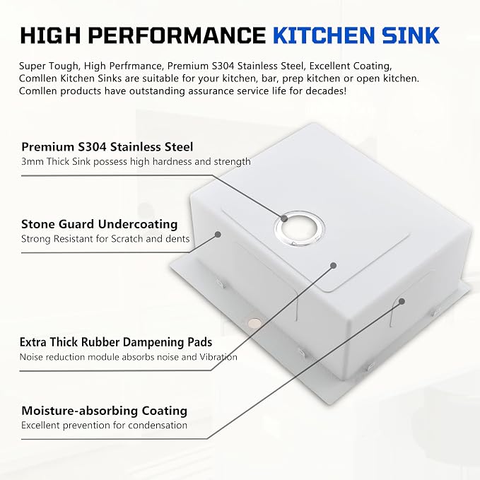 Comllen 25 x 22 Inch Drop In Kitchen Sink, Brushed Nickel Topmount 16 Gauge - Image 6