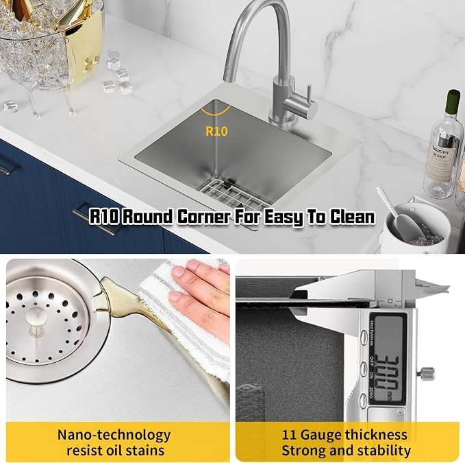 Small Kitchen Sink, 15x15 Inch Bar Sink Stainless Steel Drop In Small Kitchen - Image 4