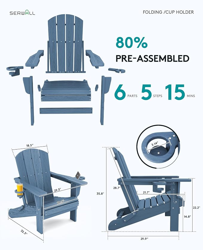SERWALL Folding Adirondack Chair, HDPE Adirondack Chairs, Plastic Outdoor - Image 3