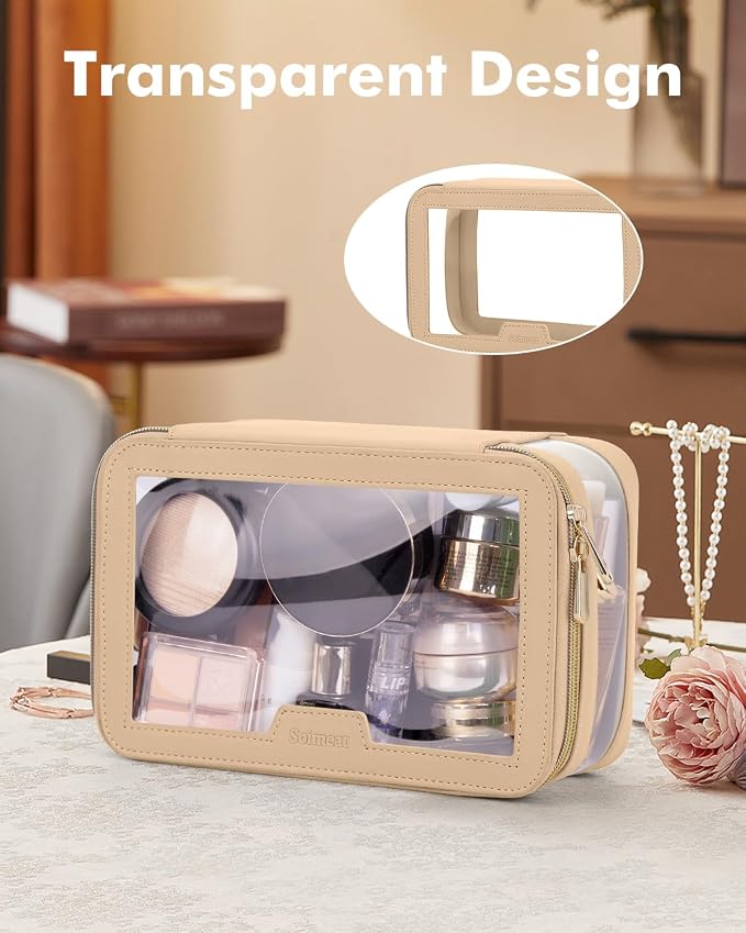 Travel Clear Makeup Bag with Makeup Brush Bag, Leather Makeup Case Toiletry Bag - Image 6