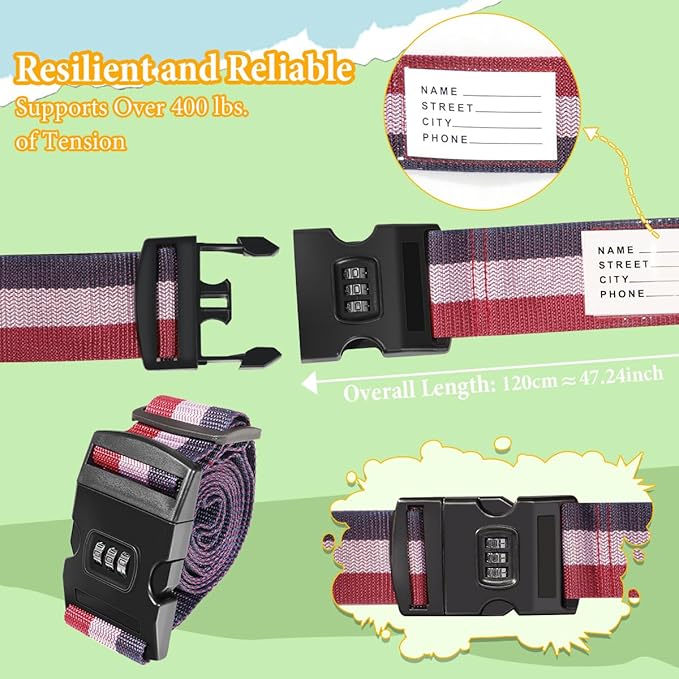 Adjustable Luggage Straps with Combination Lock – 2 Pack Bright Colors - Image 2