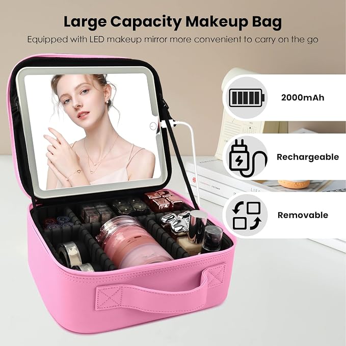 Travel Makeup Bag with LED Mirror and Light Travel Makeup Case Cosmetic - Image 3
