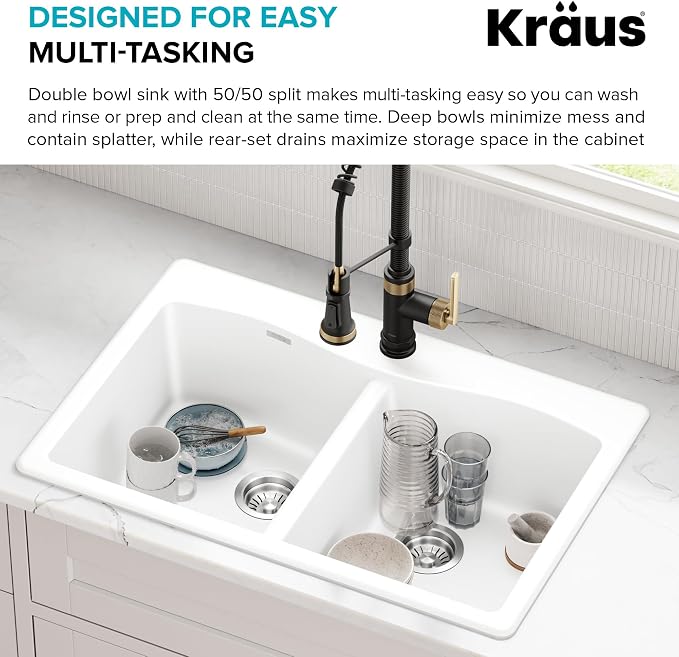 KRAUS Forteza 33-inch Granite Drop In/Undermount 50/50 Double Bowl White - Image 8