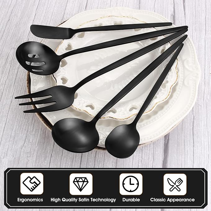 Matte Black Serving Silverware Set, 5-Piece Round Shared Utensils Set of - Image 3