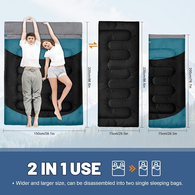 Double Sleeping Bag for Adults Machine Washable 2 Person Camping Sleeping Bag - Image 3
