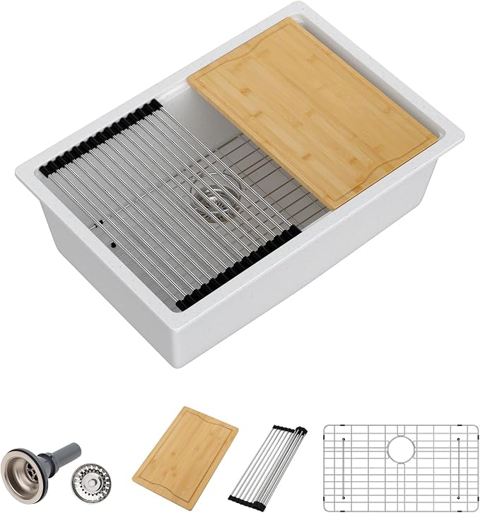 Dcolora 28 Inch White Undermount Kitchen Sink Workstation Single Bowl Modern by Dcolora