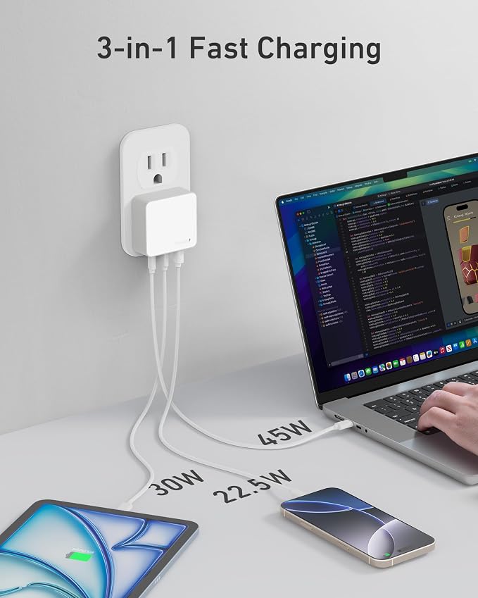 Nekmit 100W Flat USB C Charger Block, 3-Port GaN Fast Wall Charger, USB C Wall - Image 4