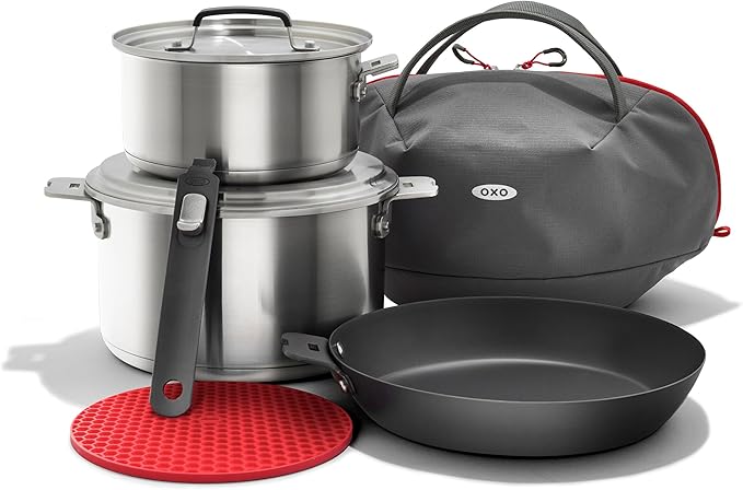 OXO Outdoor 8 Piece Camping Cookware Set, 2.25QT and 5QT Stainless Steel by OXO