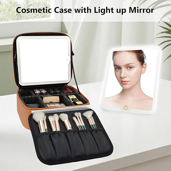 Travel Makeup Bag with LED Mirror Travel Makeup Organizer with 3 Lighted - Image 3