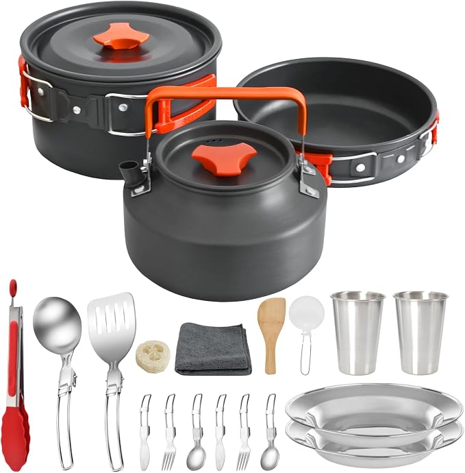 20Pcs Camping Cookware Mess Kit, Non-Stick Lightweight Camping Pots and Pans by JUSFANE