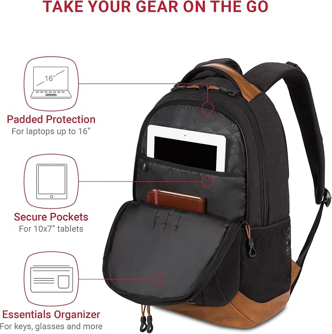 SwissGear 5505 Cecil 16” Laptop Backpack Black Canvas/Brown – Daily Laptop Bag - Image 2