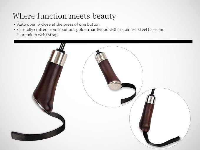 Balios Travel Umbrella Luxurious Golden Hardwood Handle Auto Open & Close - Image 2