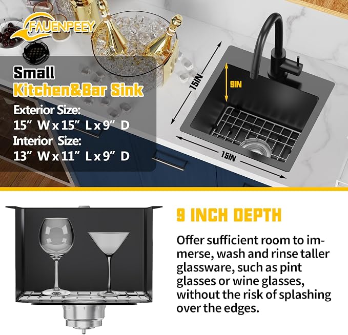 Small Black Kitchen Sink, 15x15 Inch Stainless Steel Drop In Topmount Kitchen - Image 3