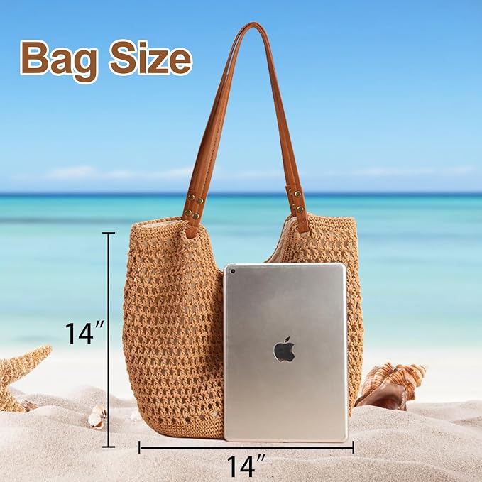 Peicees Crochet Beach Bag For Women Summer Tote Bag Boho Shoulder Bag - Image 4