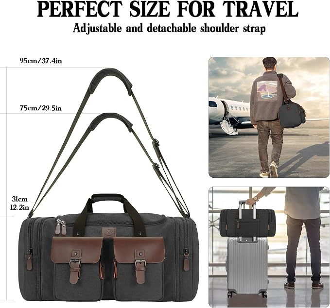 Canvas Duffle Bag for Men 60L Travel Duffel Bags Expandable Genuine Leather - Image 7