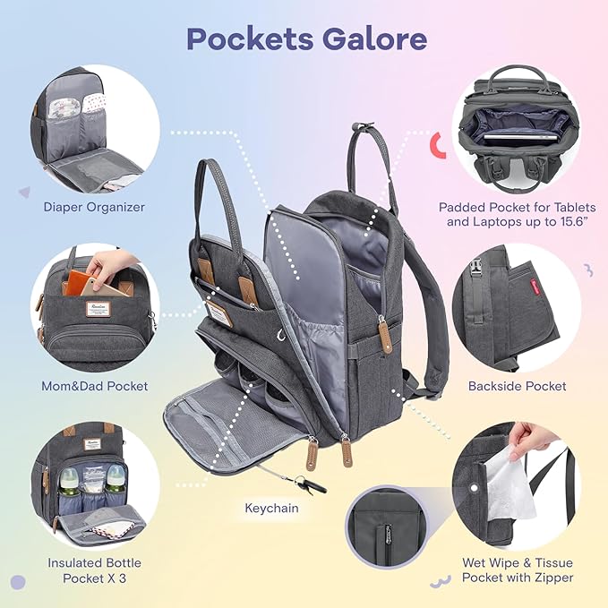 RUVALINO Diaper Bag Backpack, Large Capacity, Waterproof, Dark Gray - Image 3