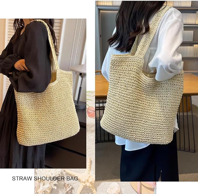 Straw Beach Bags for Women Woven Beach Tote Bag Casual Boho Large Shoulder - Image 7