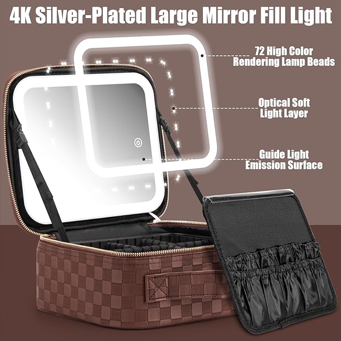 Makeup Travel Train Case with Mirror LED Light 3 Adjustable Brightness Large - Image 3