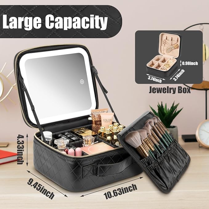 Makeup Travel Train Case with Mirror LED Light 3 Adjustable Brightness Cosmetic - Image 5