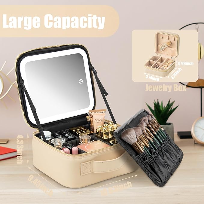 Makeup Travel Train Case with Mirror LED Light 3 Adjustable Brightness Large - Image 5