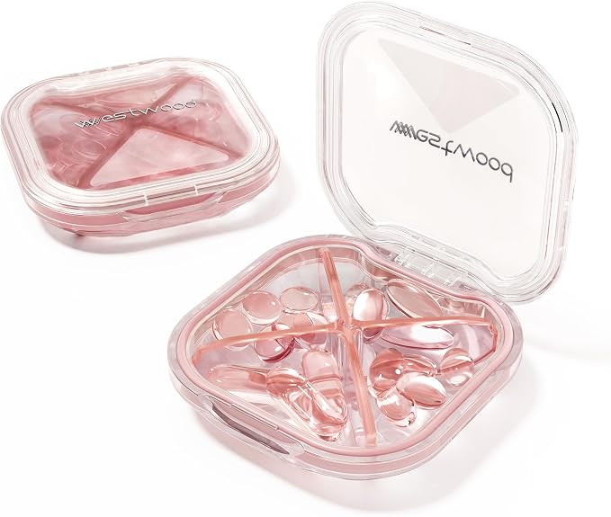 1 Pack Small Pink Pill Organizer, 4 Compartments, Compact Stylish Cute Travel by HyJeryty