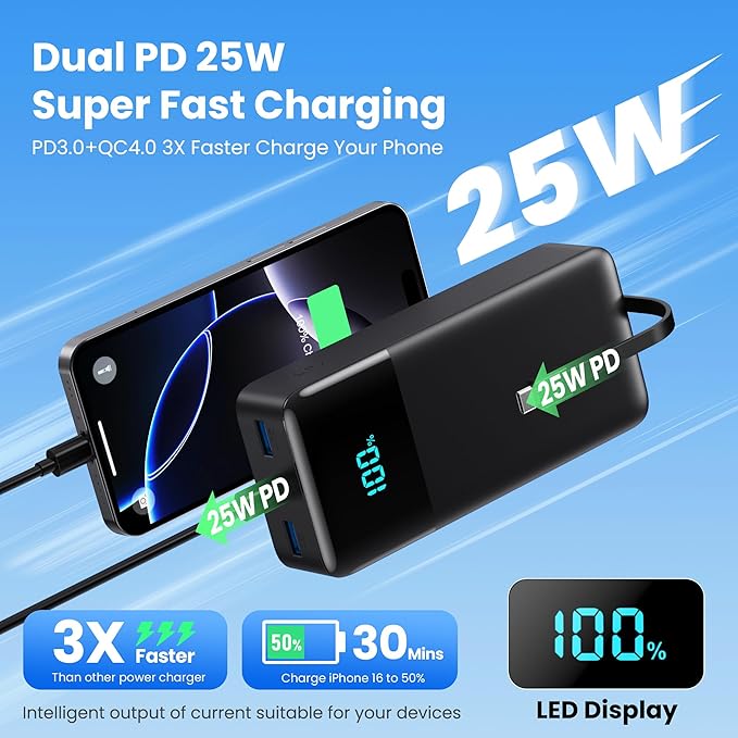 Portable Charger 50, 800mAh Power Bank, 25W PD QC 4.0 Fast Charging Portable - Image 5