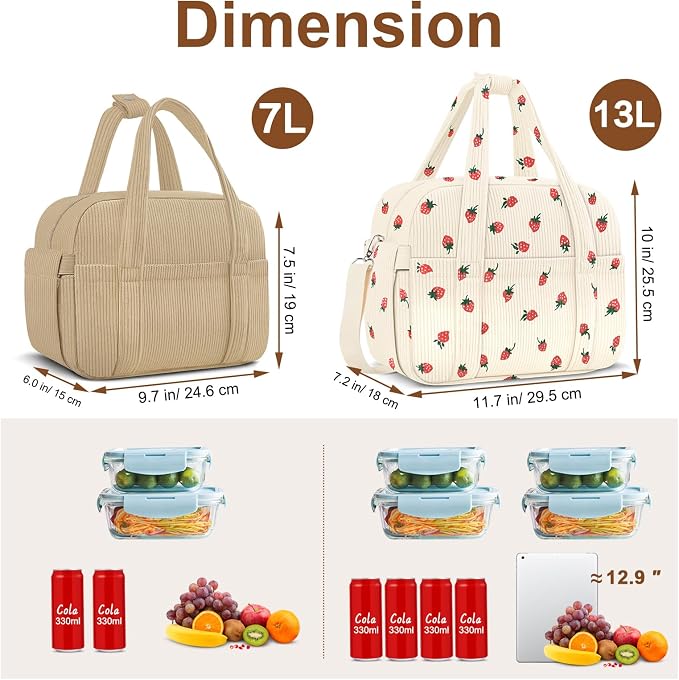 Corduroy Lunch Box Lunch Bag for Women Men, Cute Strawberry Small Insulated - Image 6