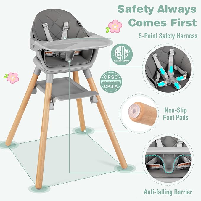 BABY JOY Baby High Chair, 6 in 1 Convertible Wooden Highchair - Image 5
