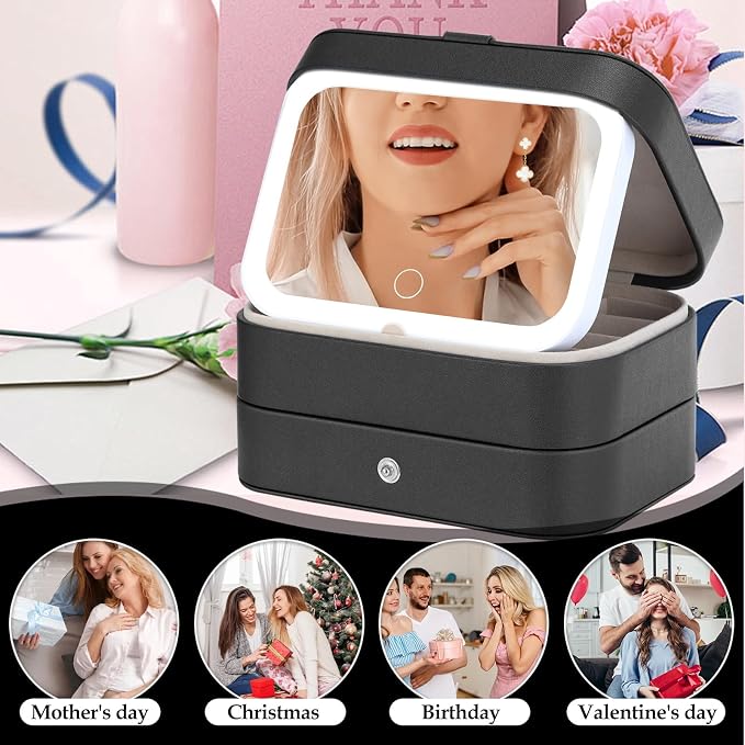 Travel Jewelry Case with LED Lighted Mirror, Portable Travel Jewelry Organizer - Image 7
