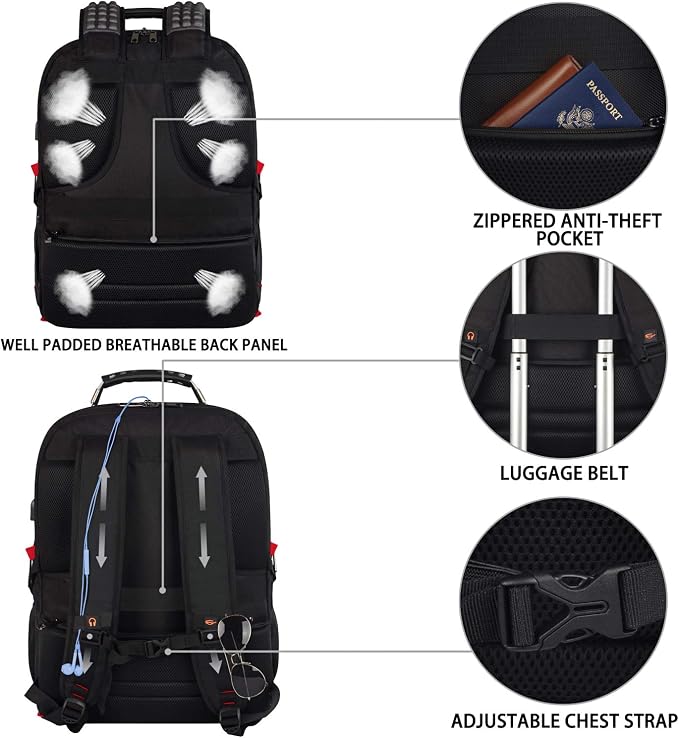 Laptop Backpack, 55L Capacity, TSA Approved, RFID Anti-Theft, USB Charging Port - Image 3