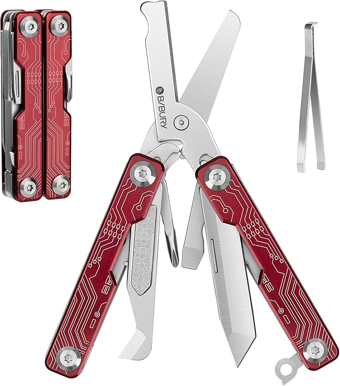 BIBURY Mini Keychain Multitool Scissors BI2061R, 9 in 1 Multitool EDC Scissors by BIBURY