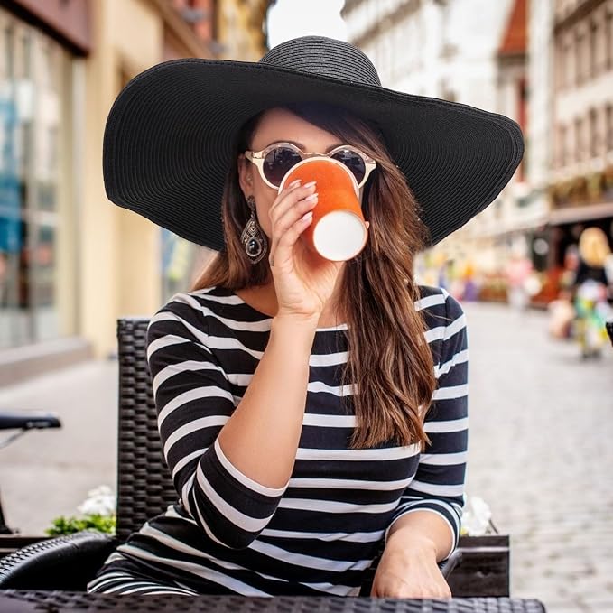 DRESHOW Beach Hats for Women Big Straw Wide Brim Summer Hat Floppy Foldable - Image 3