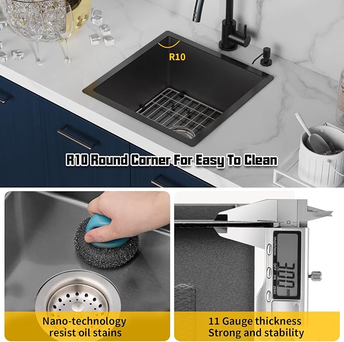 Small Black Kitchen Sink, 18x18 Inch Stainless Steel Undermount Drop In - Image 4