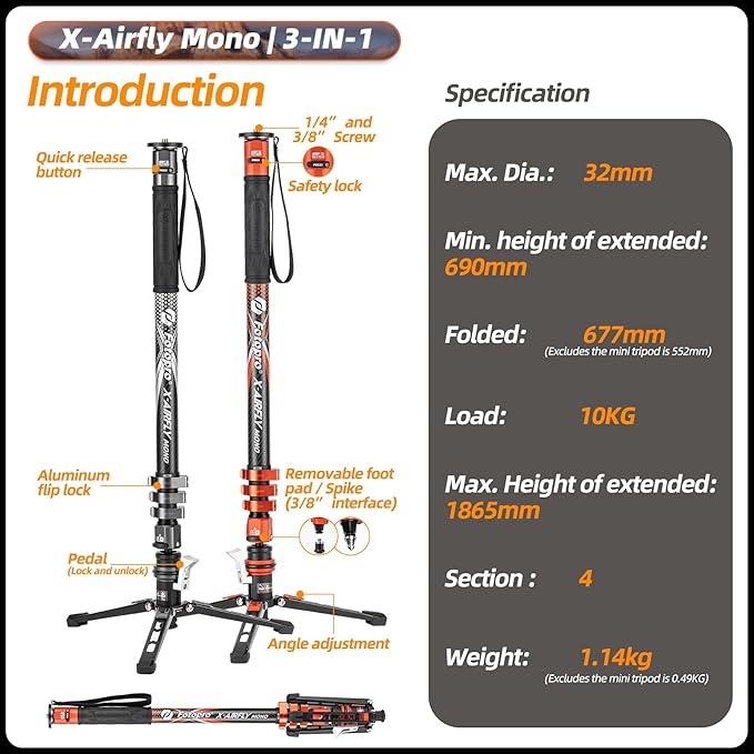 Fotopro Carbon Fiber 3-in-1 Monopod, Max Load 22lbs - Image 2