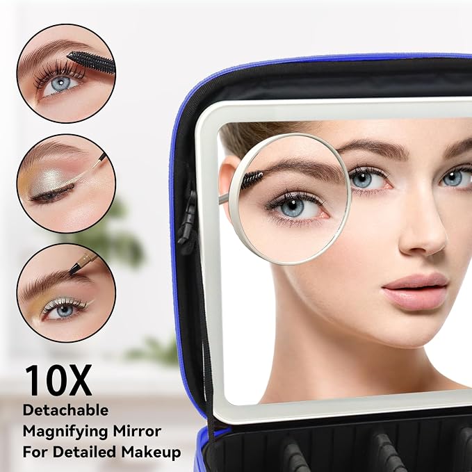 Travel Makeup Bag with LED Mirror and 10x magnifying glass with 3 Lighted - Image 2