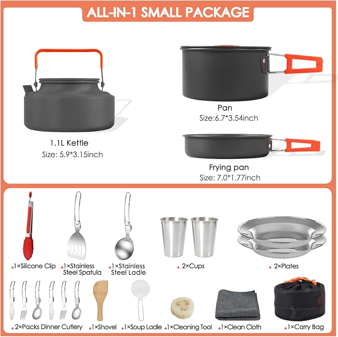 20Pcs Camping Cookware Mess Kit, Non-Stick Lightweight Camping Pots and Pans - Image 8