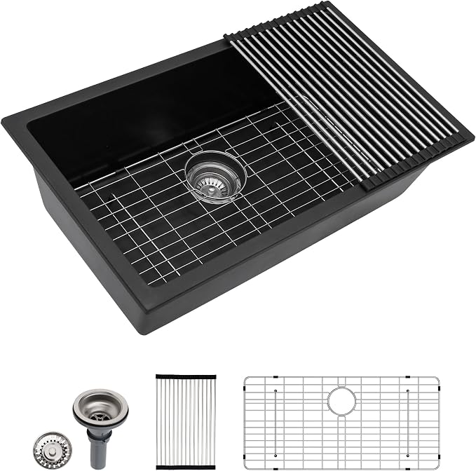 Dcolora 31 Inch Quartz Composite Black Kitchen Sink Undermount Sink Deep Single by Dcolora
