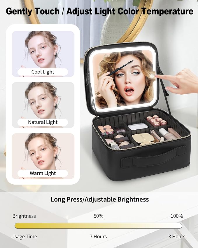 Makeup Bag With LED Mirror, Travel Makeup Case with Light up Mirror Large - Image 3