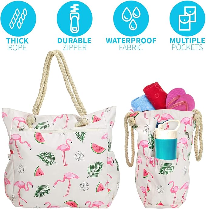 Beach Bag Spacious Shoulder Tote Travel & Gym Bag w/Multiple Pockets & Strong - Image 3