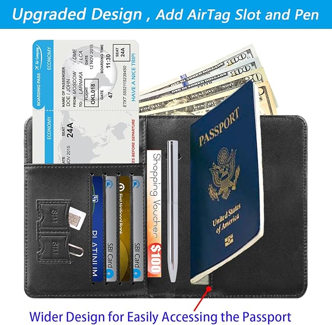 Airtag Passport Holder Cover Wallet Travel Essentials RFID Blocking Leather - Image 3