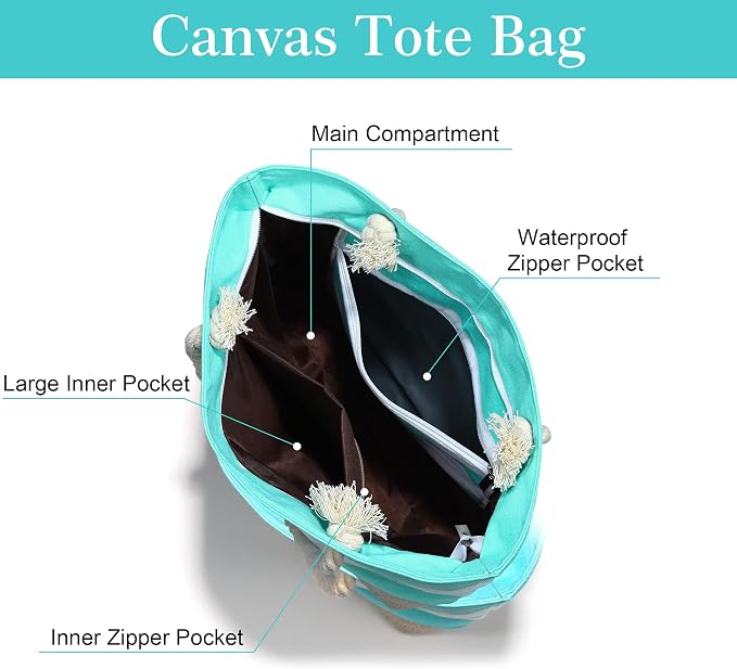 YOOLIFE Initial Canvas Waterproof Beach Tote Bag Zipper Personalized Gifts - Image 4